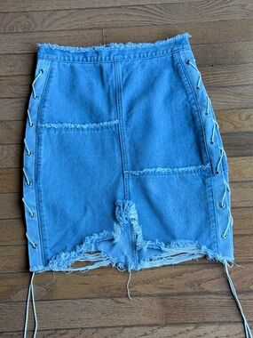 Fashion Nova Lace-Up Distressed Denim Mini Skirt | Size Small